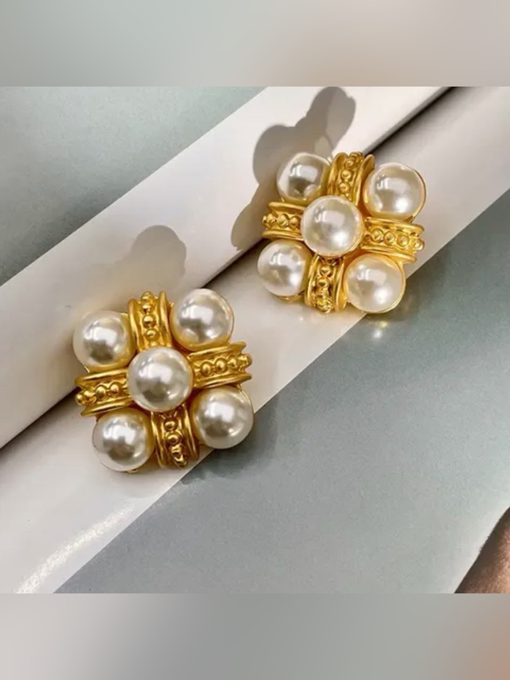 Gold Pearl Cluster Earrings - White Faux Pearls - Picture 6 of 6